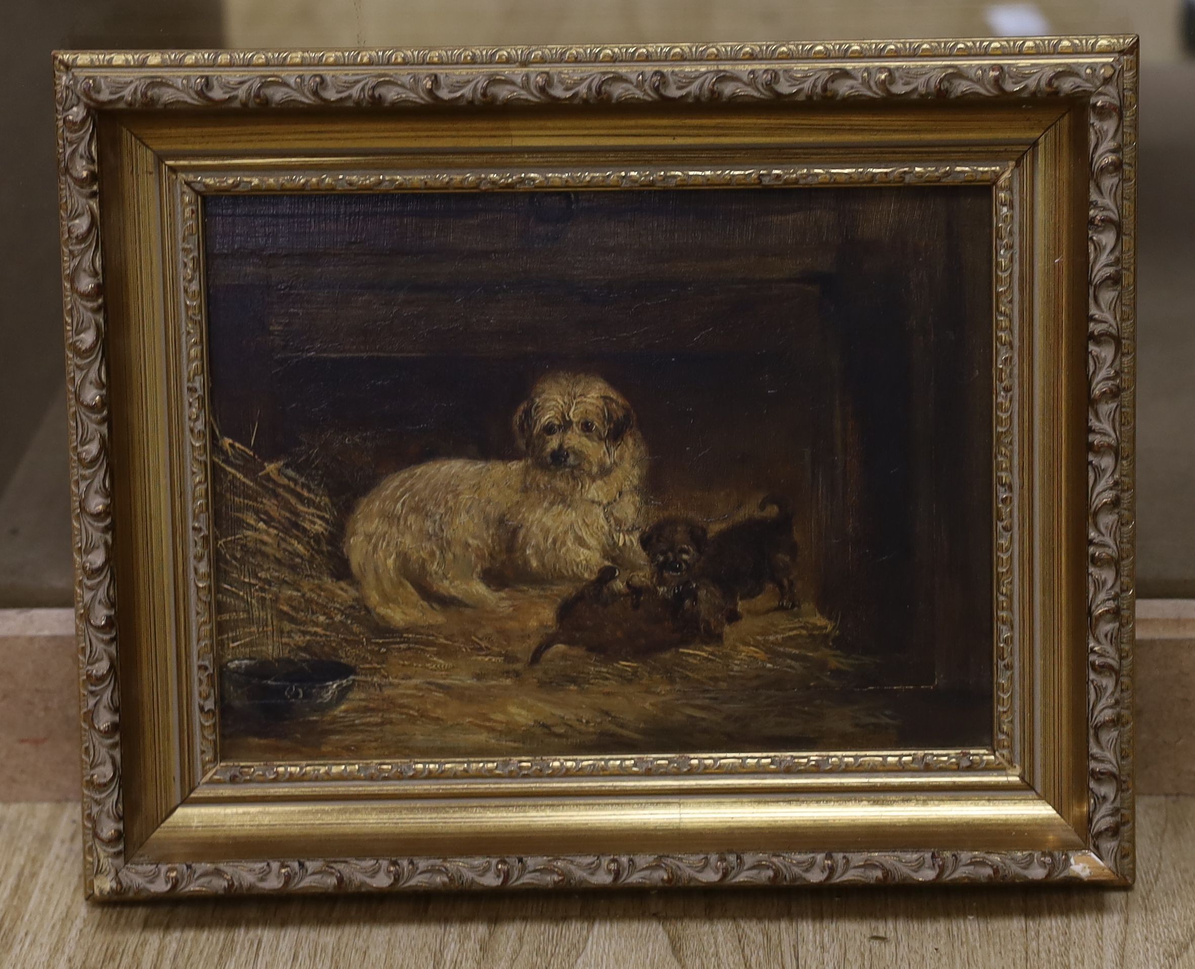 After Armfield, oil on wooden panel, Bitch and puppies in a stable, 17 x 23cm